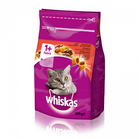 WHISKAS Вкусные подушечки с говядиной для взрослых кошек, 300 г